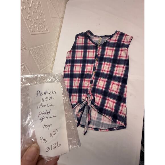 Vintage POMELO USA Large Plaid female top blouse front tie on waist  buttons - Picture 8 of 8